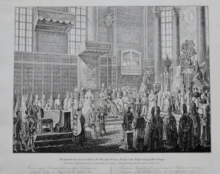 Cisár František I. žehná svojho syna Ferdinanda I. Dobrotivého pred jeho korunováciou - 1