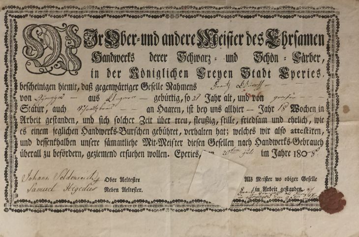 Tovarišský list cechu holičov v Prešove - 1