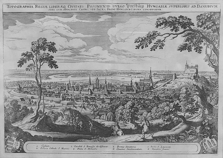 Matthaus Merian: TOPOGRAPHIA REGIAE LIBERAEQ CIVITATIS POSONIENSIS VULGO PRESSBURG HUNGARIAE SUPERIORIS AD DANUBIUM - 1